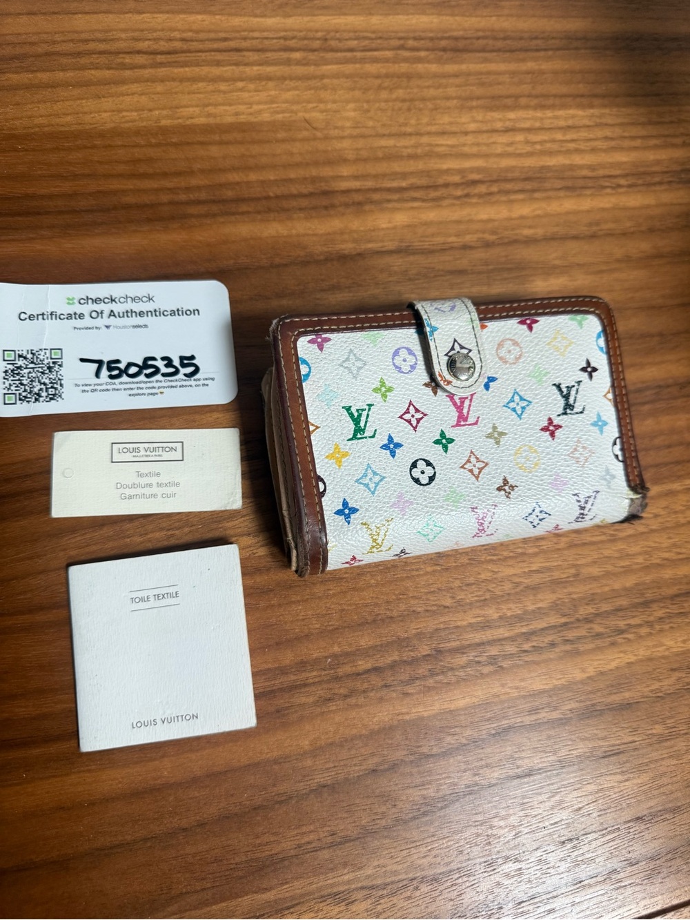 Louis Vuitton White Multicolor Monogram Compact Wallet with Brown Trim Auth Cert